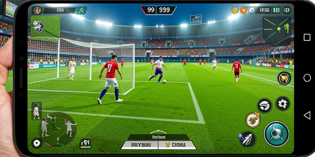 Screenshot utama menampilkan pemain dalam aksi pertandingan sepak bola.