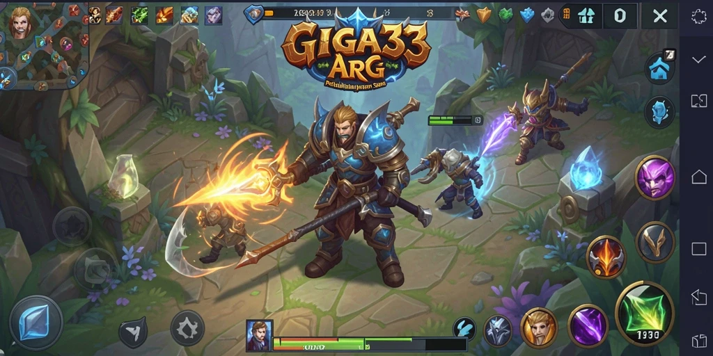 Tampilan gameplay GIGA33 menampilkan pertempuran seru dalam lingkungan fantastis.