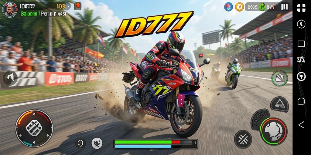 Screenshot ID777 menunjukkan aksi balapan motor yang mendebarkan.